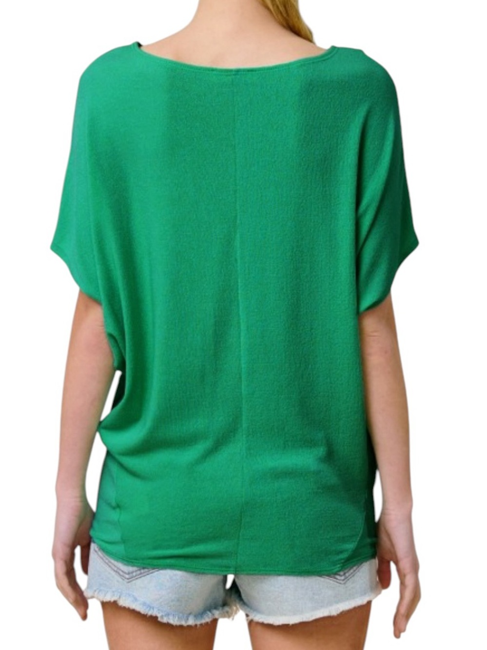 832. Women’s Green Crepe Hacci Short Sleeve Dolman Top NEW - Picture 2 of 2